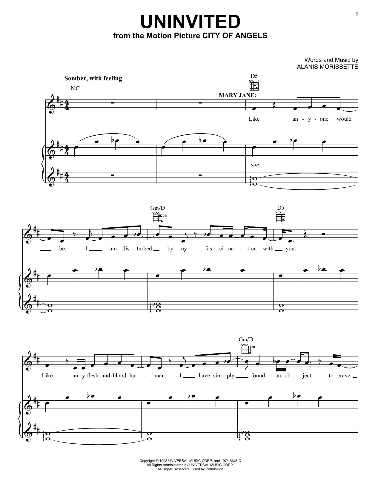 Alanis Morissette Uninvited (from City Of Angels) Sheet Music Notes & Chords for Easy Piano - Download or Print PDF