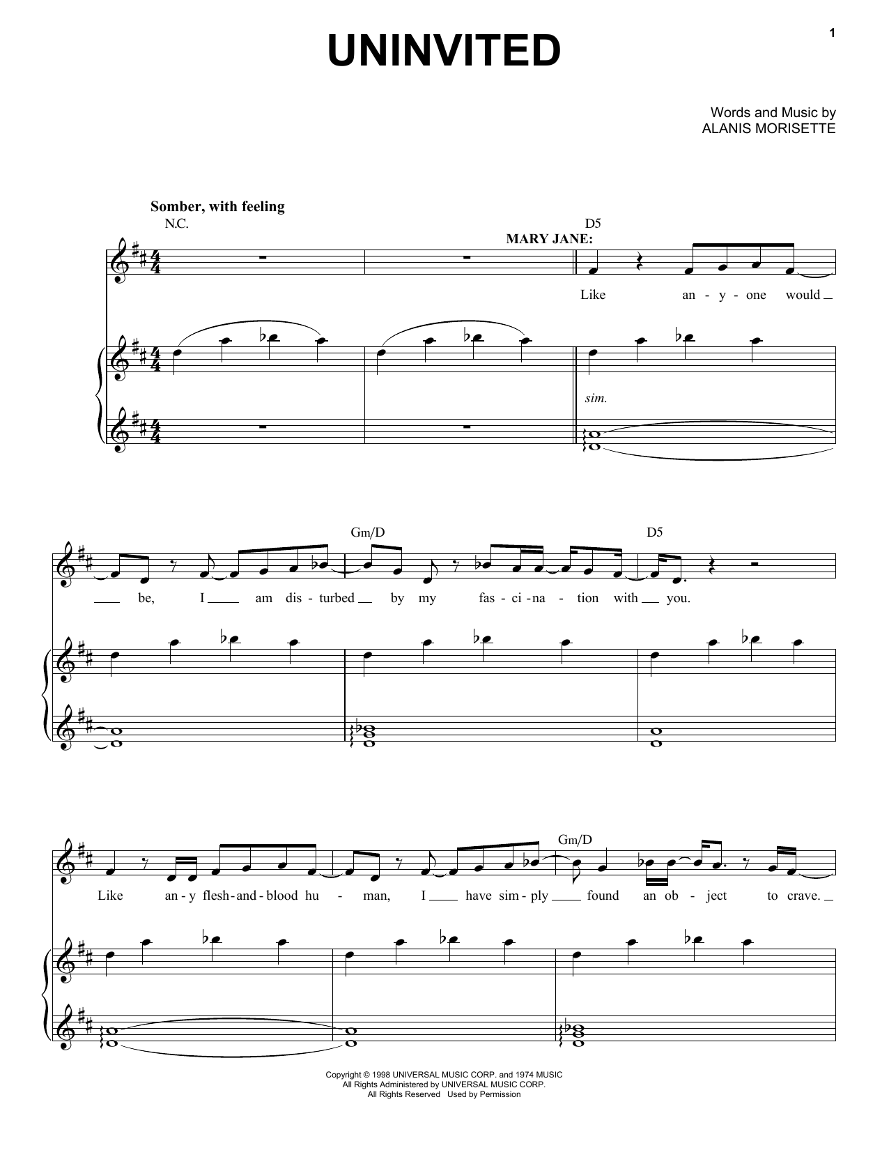 Alanis Morissette Uninvited (from Jagged Little Pill The Musical) Sheet Music Notes & Chords for Piano & Vocal - Download or Print PDF