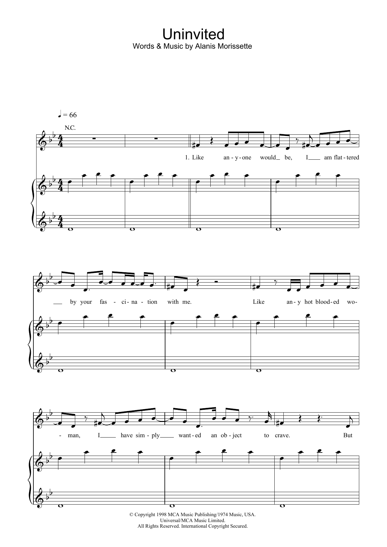 Alanis Morissette Uninvited Sheet Music Notes & Chords for Piano, Vocal & Guitar - Download or Print PDF