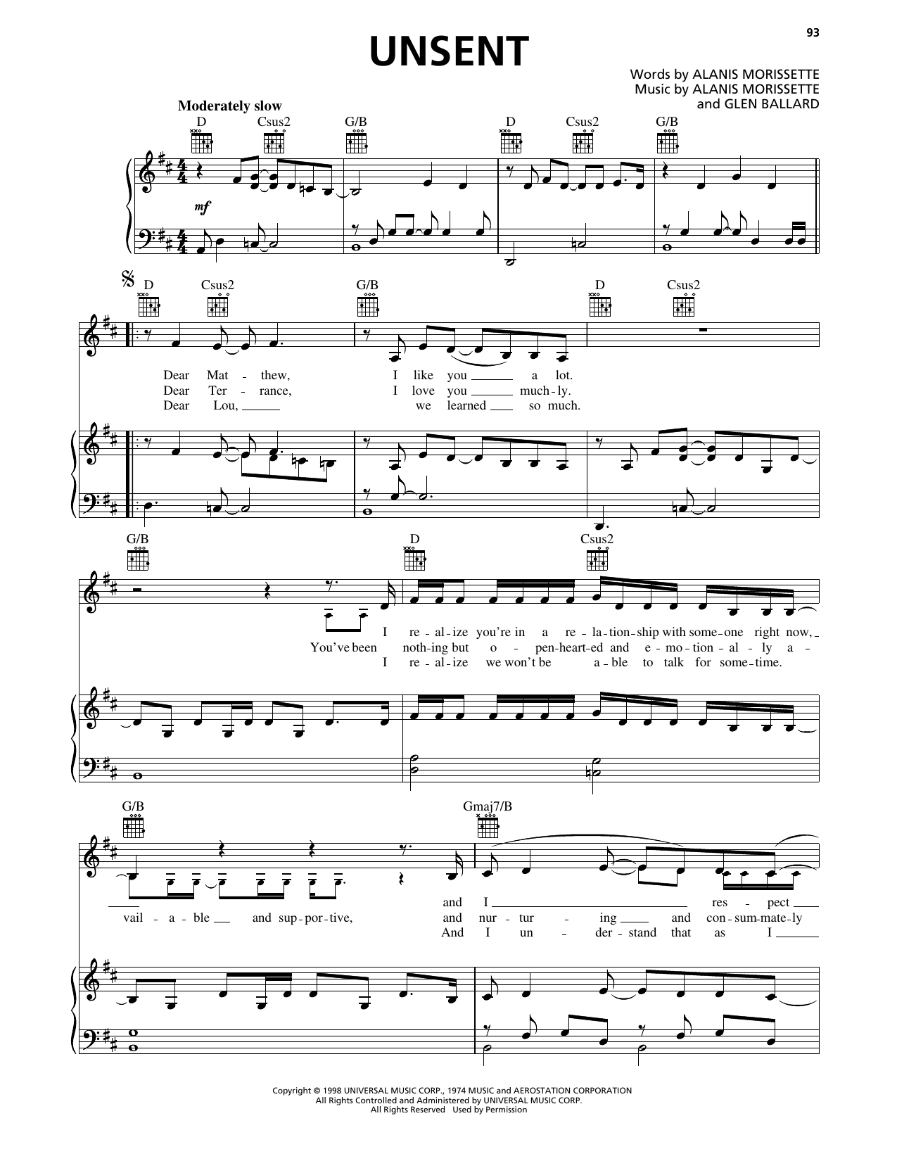Alanis Morissette Unsent Sheet Music Notes & Chords for Piano, Vocal & Guitar Chords (Right-Hand Melody) - Download or Print PDF