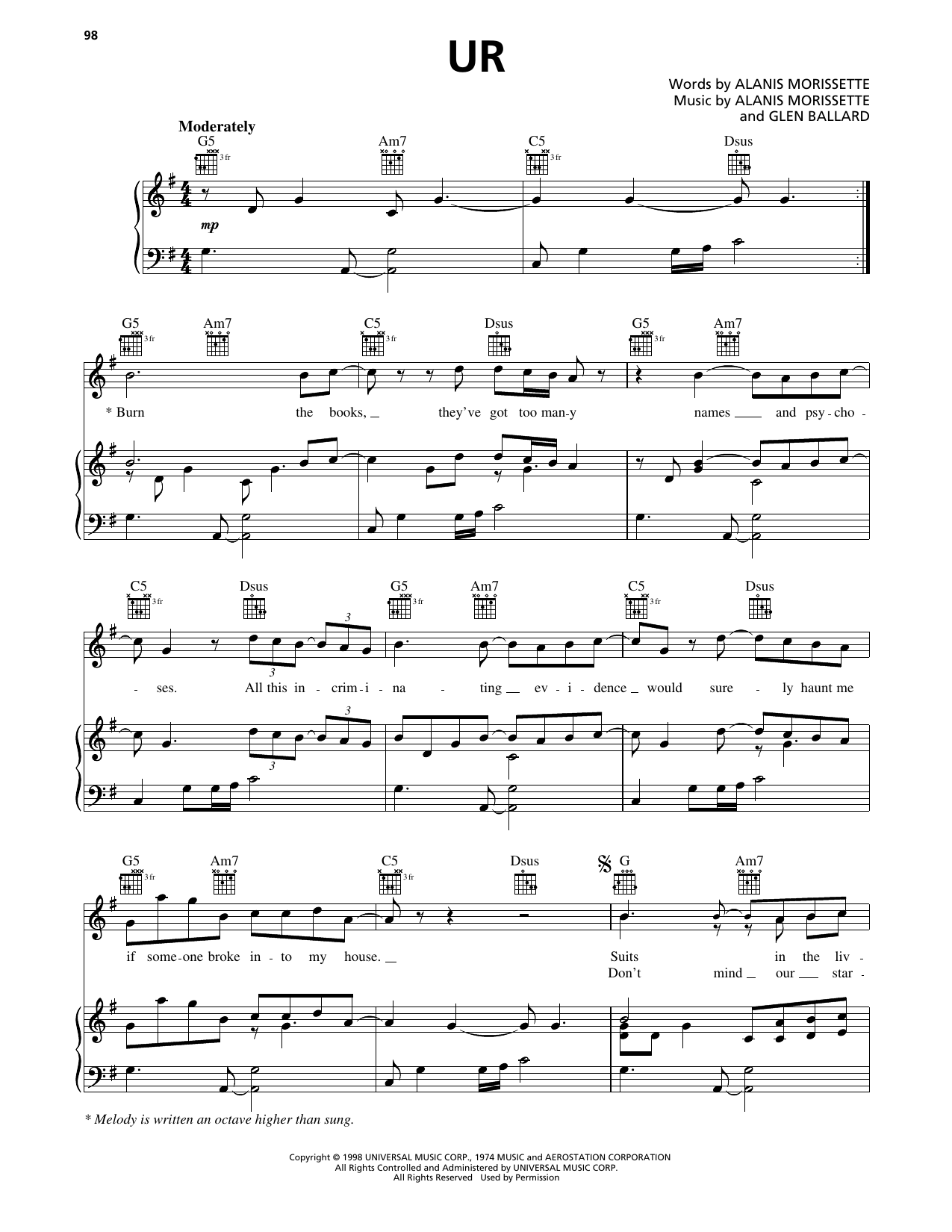 Alanis Morissette UR Sheet Music Notes & Chords for Piano, Vocal & Guitar Chords (Right-Hand Melody) - Download or Print PDF