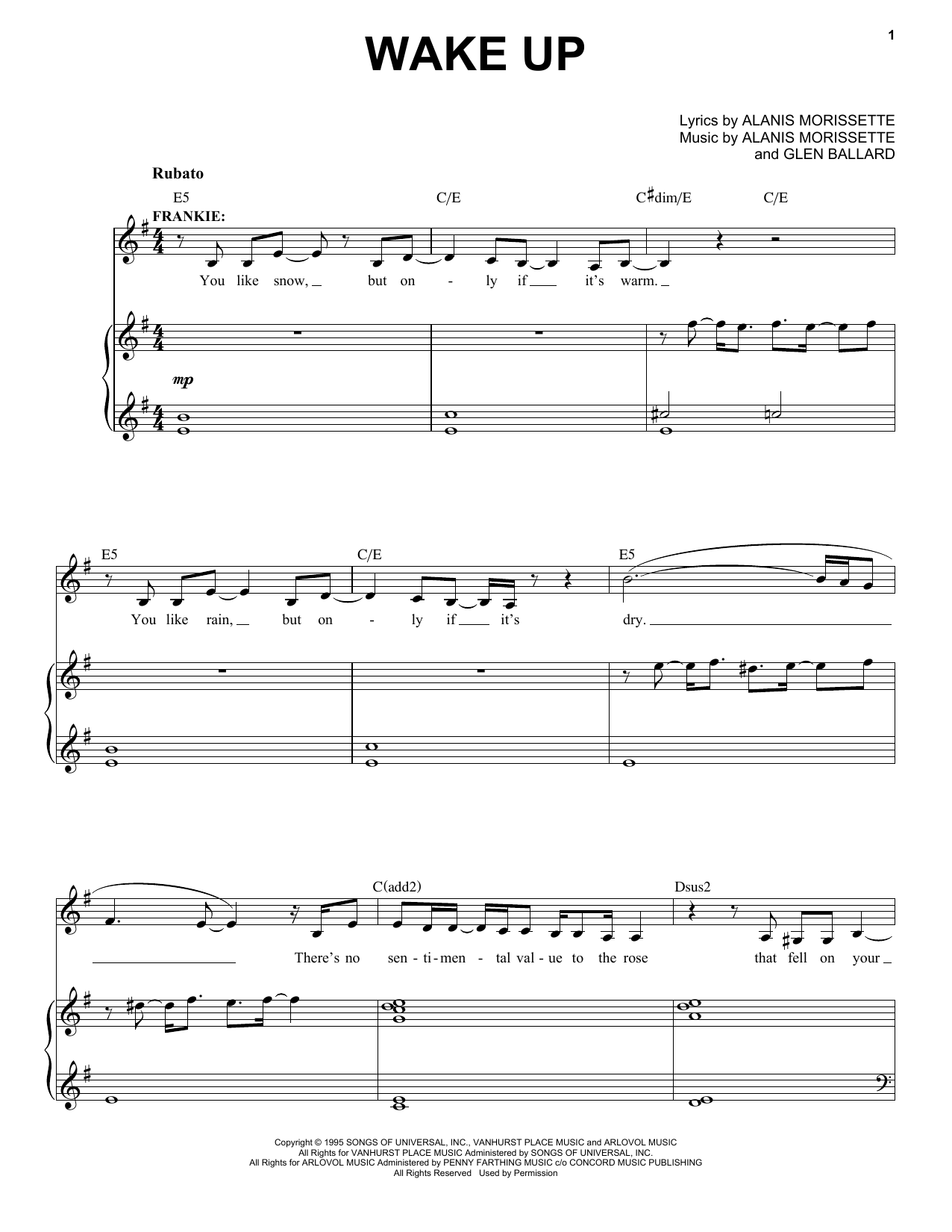 Alanis Morissette Wake Up (from Jagged Little Pill The Musical) Sheet Music Notes & Chords for Piano & Vocal - Download or Print PDF