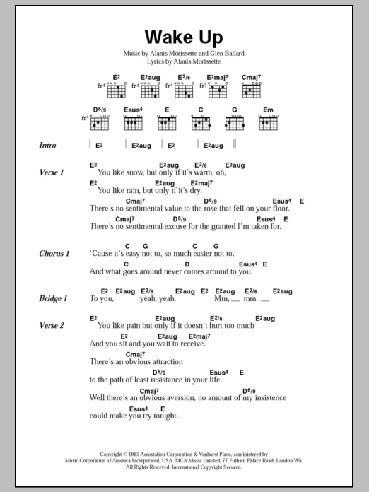 Alanis Morissette Wake Up Sheet Music Notes & Chords for Piano, Vocal & Guitar (Right-Hand Melody) - Download or Print PDF