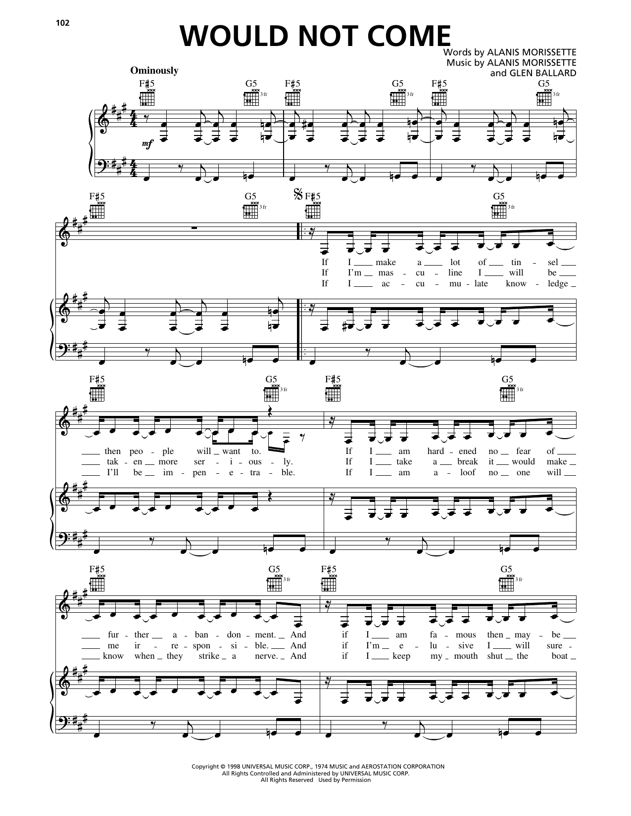 Alanis Morissette Would Not Come Sheet Music Notes & Chords for Piano, Vocal & Guitar Chords (Right-Hand Melody) - Download or Print PDF