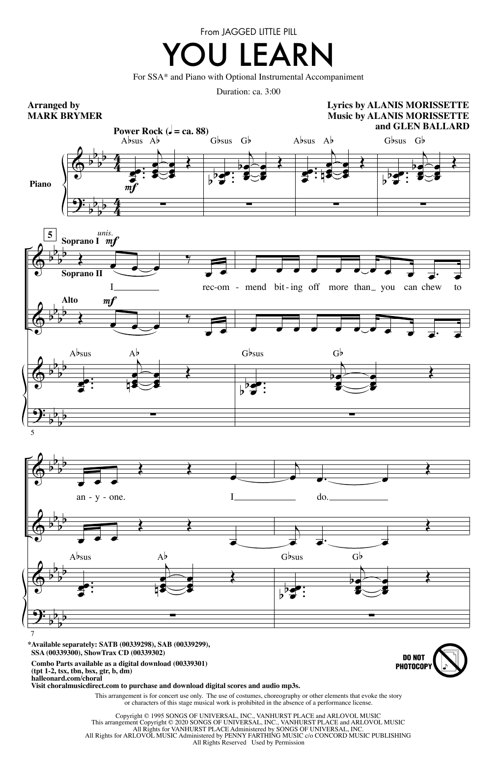Alanis Morissette You Learn (from Jagged Little Pill) (arr. Mark Brymer) Sheet Music Notes & Chords for SSA Choir - Download or Print PDF