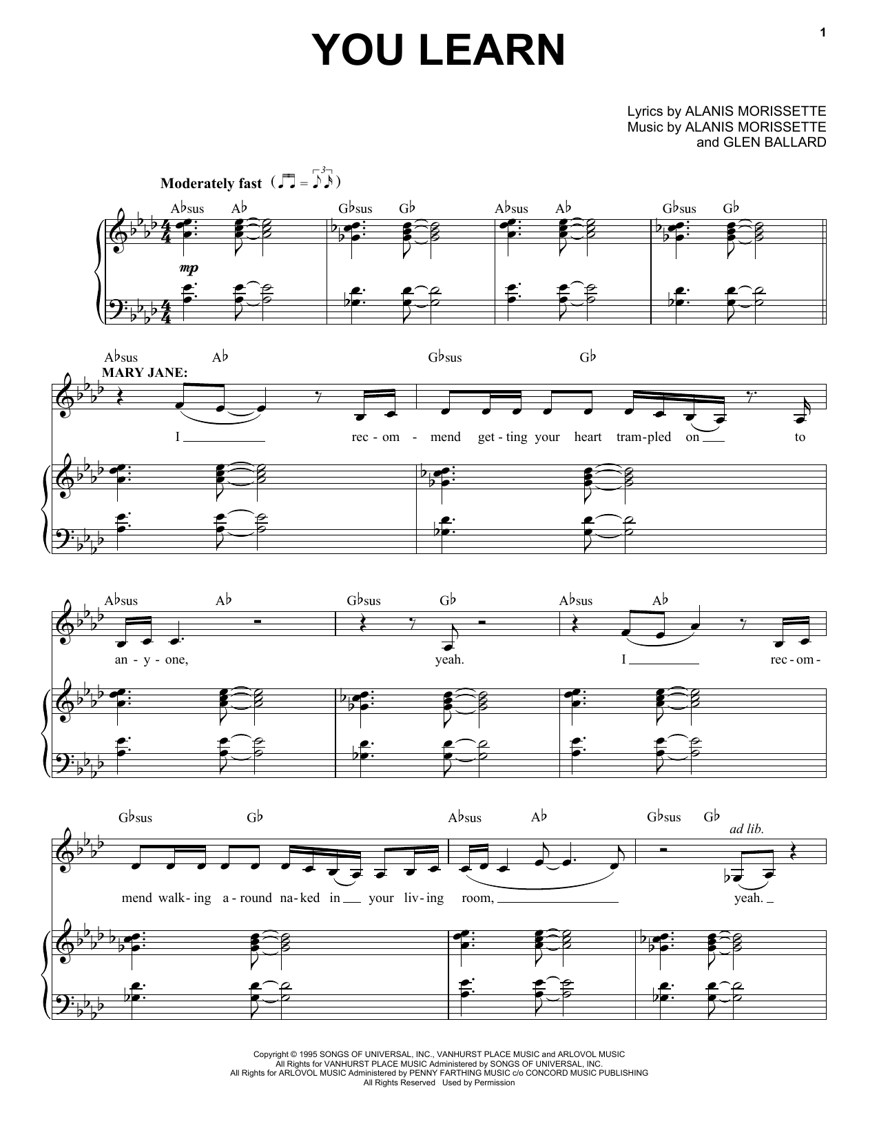 Alanis Morissette You Learn (from Jagged Little Pill The Musical) Sheet Music Notes & Chords for Piano & Vocal - Download or Print PDF