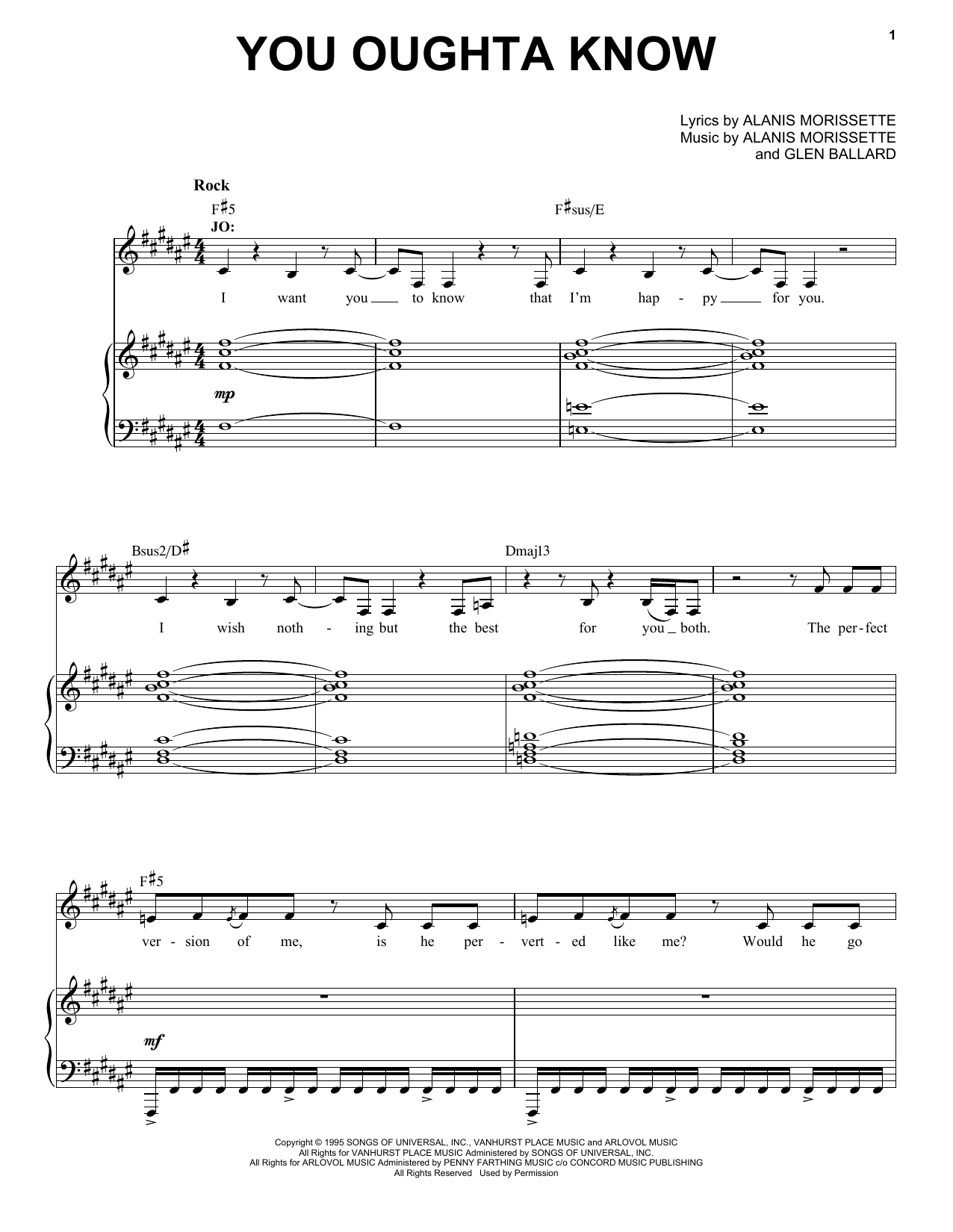 Alanis Morissette You Oughta Know (from Jagged Little Pill The Musical) Sheet Music Notes & Chords for Piano & Vocal - Download or Print PDF