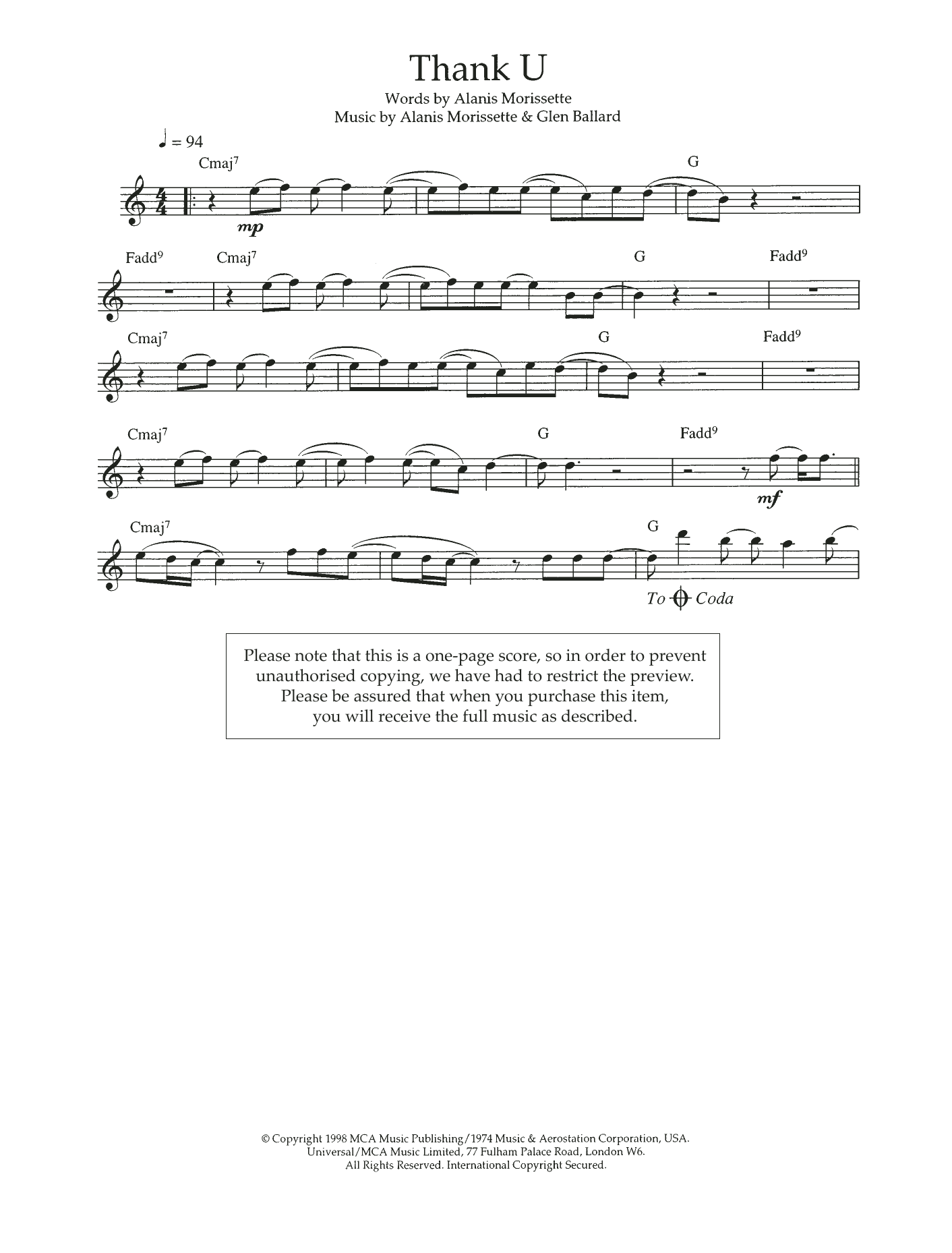 Alanis Morrisette Thank U Sheet Music Notes & Chords for Flute - Download or Print PDF