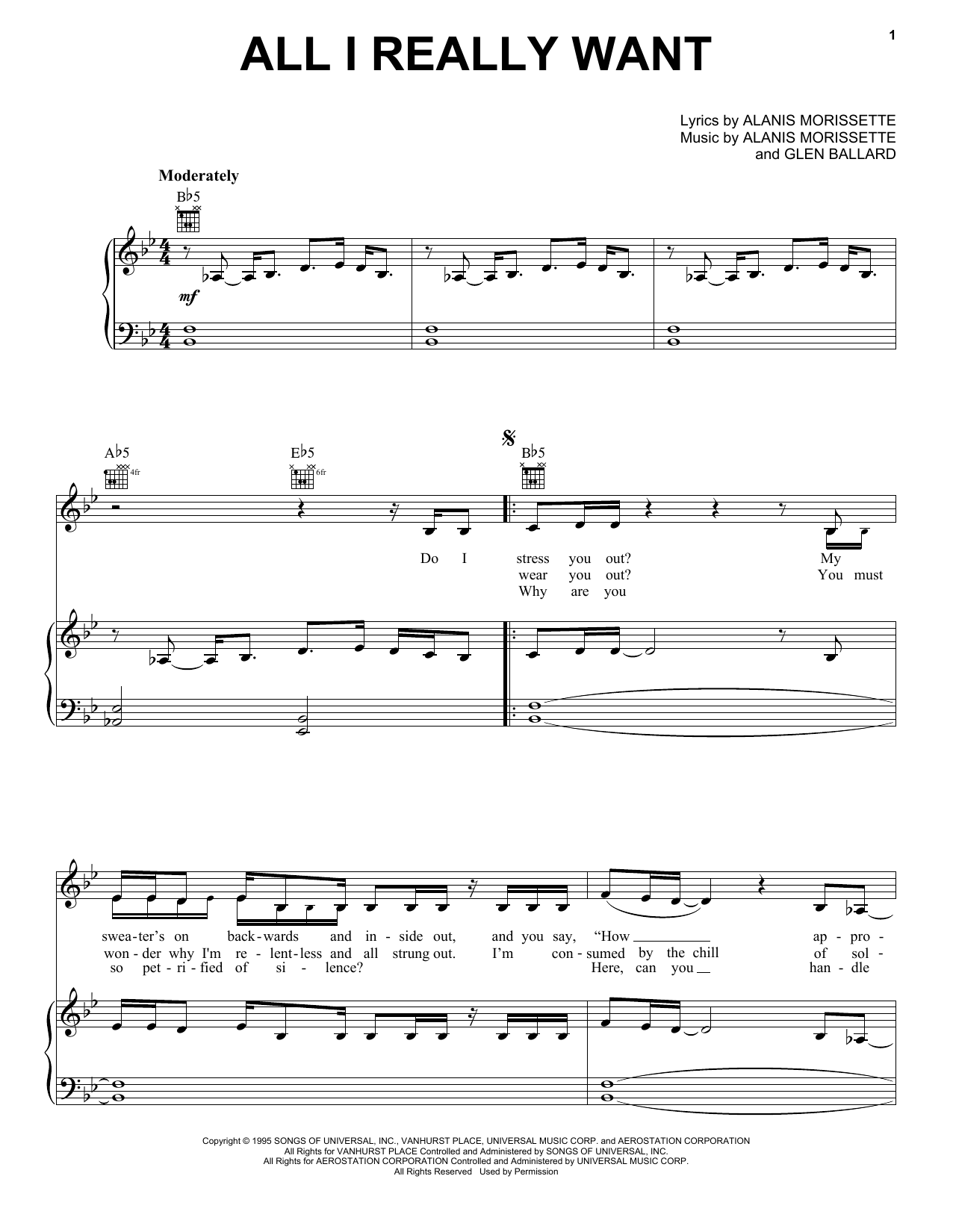 Preview Alanis Morissette All I Really Want Pop sheet music, notes and chords for Melody Line, Lyrics & Chords, SKU: 13929 All I Really Want sheet music