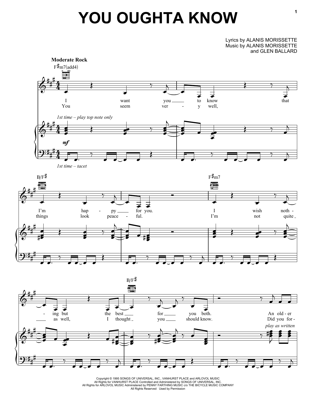 Preview Alanis Morissette You Oughta Know Rock sheet music, notes and chords for Easy Piano, SKU: 67659 You Oughta Know sheet music