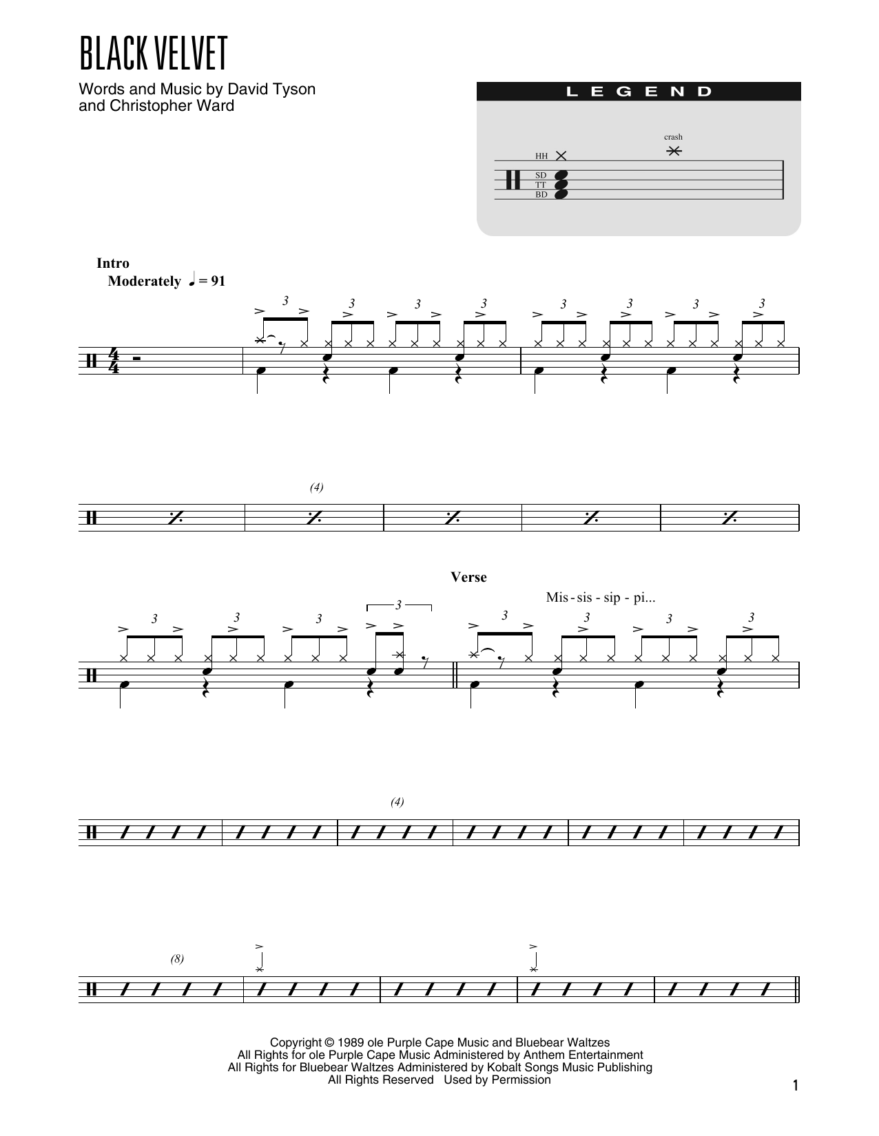 Alannah Myles Black Velvet (arr. Kennan Wylie) Sheet Music Notes & Chords for Drums Transcription - Download or Print PDF