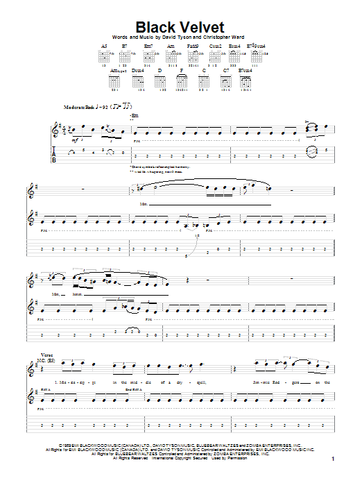 Alannah Myles Black Velvet Sheet Music Notes & Chords for Easy Guitar Tab - Download or Print PDF