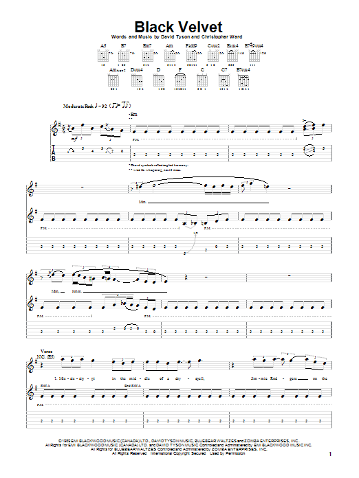 Preview Alannah Myles Black Velvet Rock sheet music, notes and chords for Piano, Vocal & Guitar (Right-Hand Melody), SKU: 23850 sheet music, piano notes, chords, guitar tabs, score, transpose, transcribe, how to play, guide, download, learn, tutorial, progression, song, artist, awards, billboard, mtv, vh1, tour, single, album, release