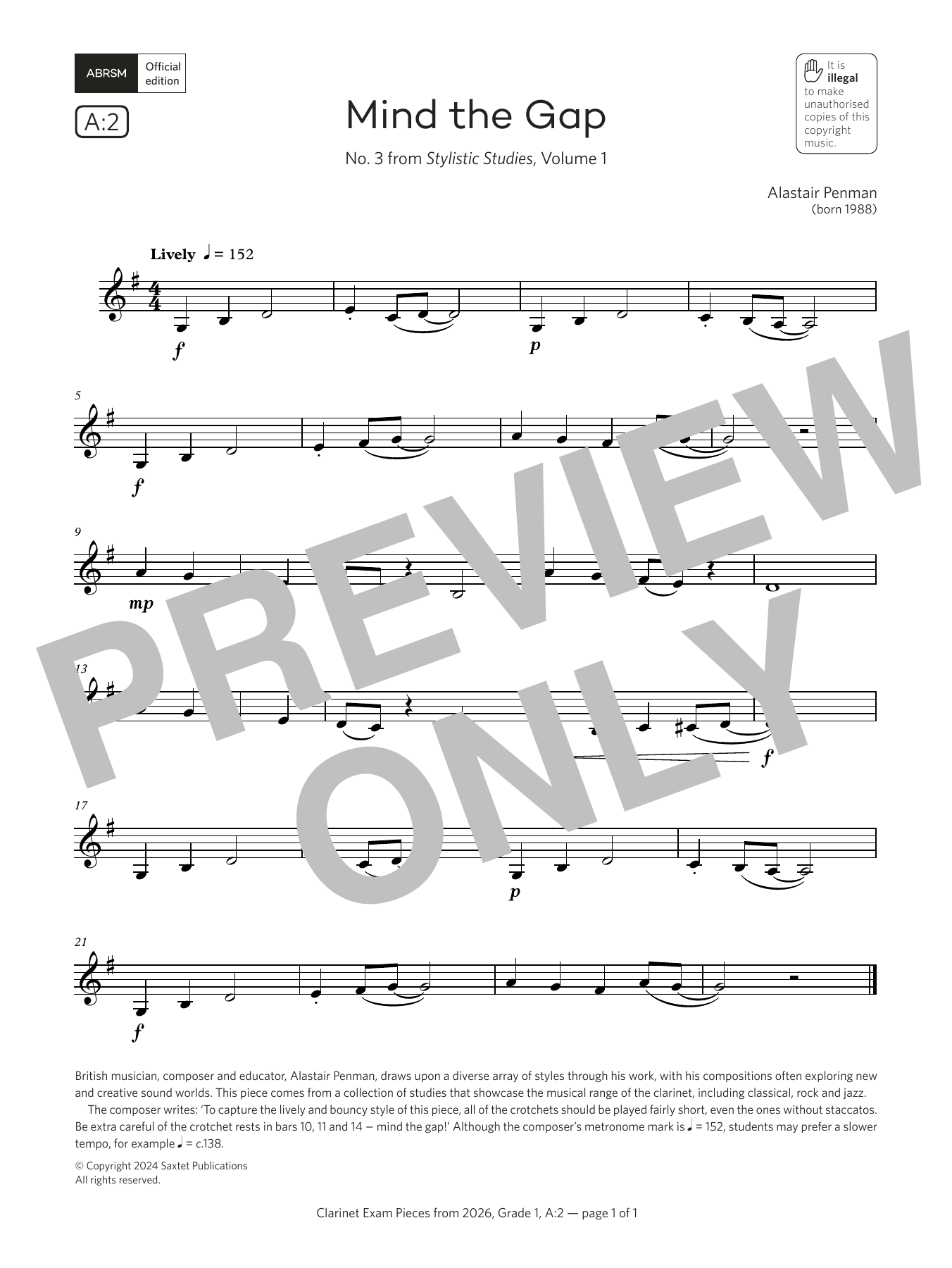 Alastair Penman Mind the Gap (Grade 1, list A2, from the ABRSM Clarinet Syllabus from 2026) Sheet Music Notes & Chords for Clarinet Solo - Download or Print PDF Alastair Penman Mind the Gap (Grade 1, list A2, from the ABRSM Clarinet Syllabus from 2026) Sheet Music Notes & Chords for Clarinet Solo - Download or Print PDF