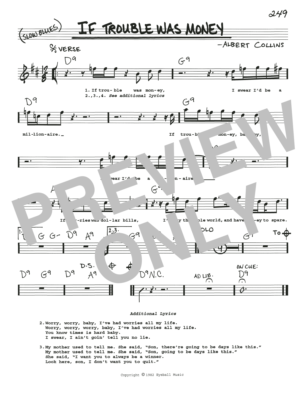 Albert Collins If Trouble Was Money Sheet Music Notes & Chords for Real Book – Melody, Lyrics & Chords - Download or Print PDF