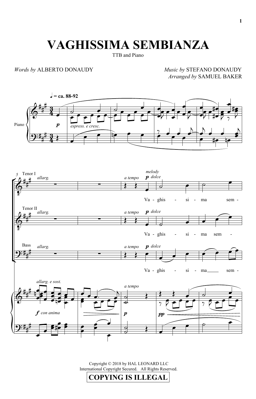 Albert Donaudy & Stefano Donaudy Vaghissima Sembianza (arr. Samuel Baker) Sheet Music Notes & Chords for TTBB Choir - Download or Print PDF