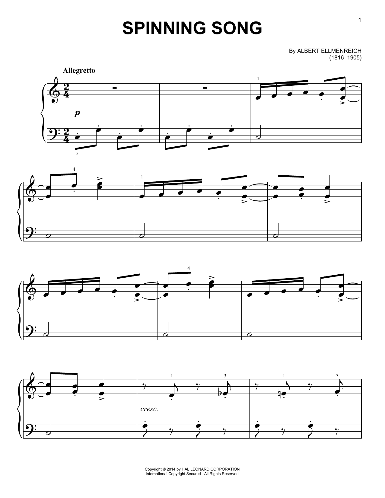 Albert Ellemreich Spinning Song Sheet Music Notes & Chords for Easy Piano - Download or Print PDF