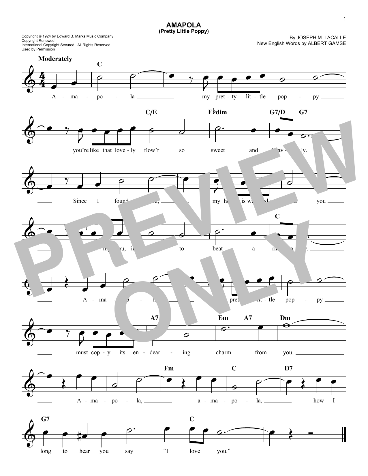Albert Gamse Amapola (Pretty Little Poppy) Sheet Music Notes & Chords for Real Book – Melody & Chords - Download or Print PDF