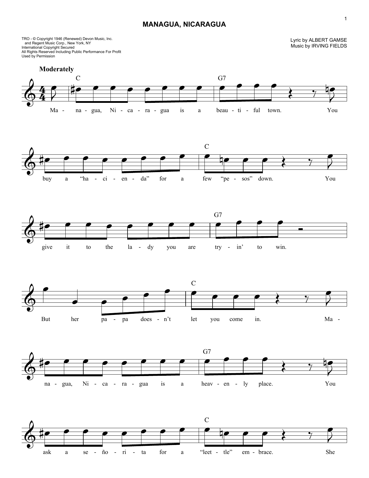Albert Gamse Managua, Nicaragua Sheet Music Notes & Chords for Melody Line, Lyrics & Chords - Download or Print PDF