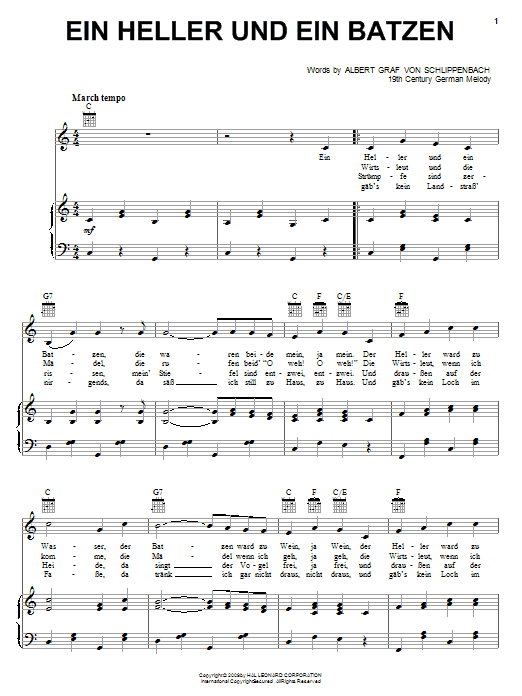 Albert Graf von Schlippenbach Ein Heller Und Ein Batzen Sheet Music Notes & Chords for Piano, Vocal & Guitar (Right-Hand Melody) - Download or Print PDF