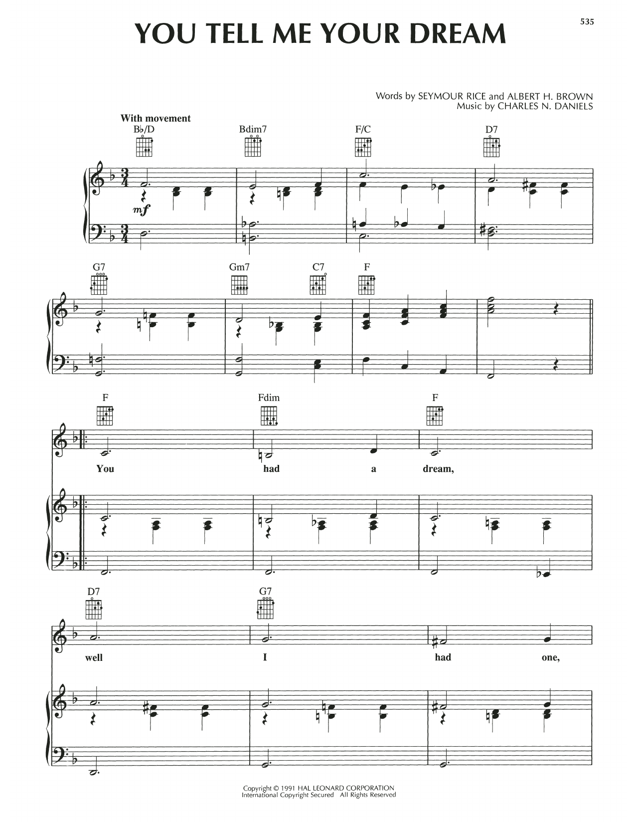 Albert H. Brown You Tell Me Your Dream Sheet Music Notes & Chords for Piano, Vocal & Guitar Chords (Right-Hand Melody) - Download or Print PDF