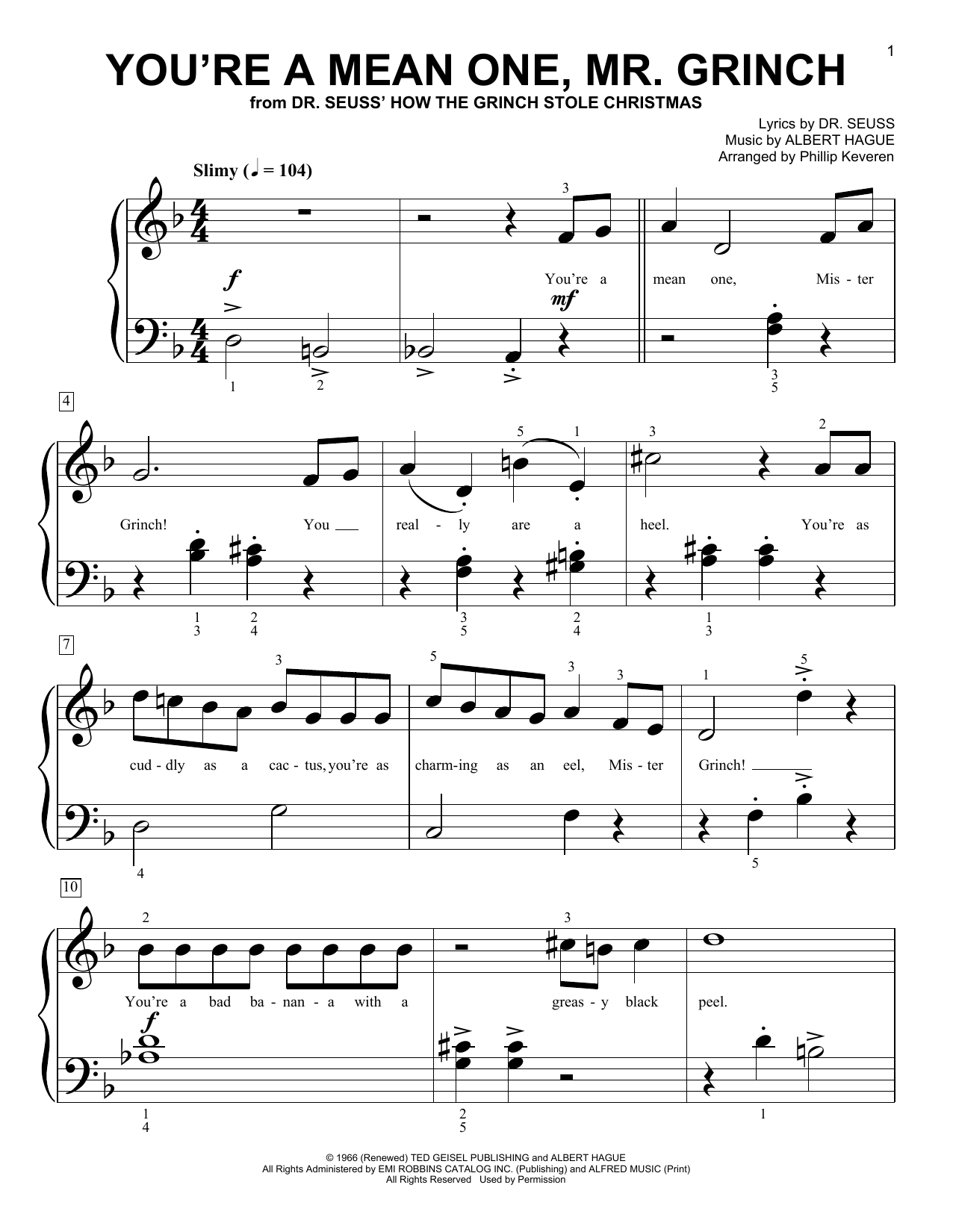 Albert Hague You're A Mean One, Mr. Grinch (from Dr. Seuss How The Grinch Stole Christmas) (arr. Phillip Keveren) Sheet Music Notes & Chords for Big Note Piano - Download or Print PDF