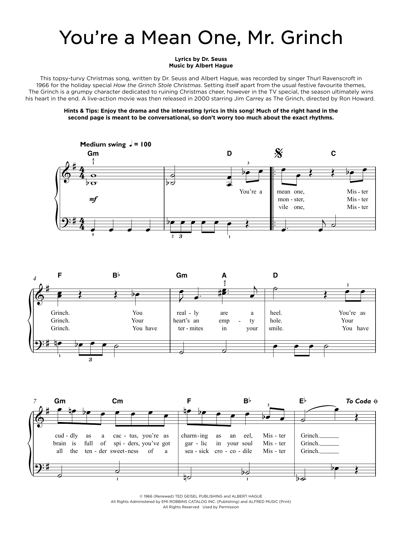 Albert Hague You're A Mean One, Mr. Grinch (from How The Grinch Stole Christmas) Sheet Music Notes & Chords for Really Easy Piano - Download or Print PDF Albert Hague You're A Mean One, Mr. Grinch (from How The Grinch Stole Christmas) Sheet Music Notes & Chords for Really Easy Piano - Download or Print PDF