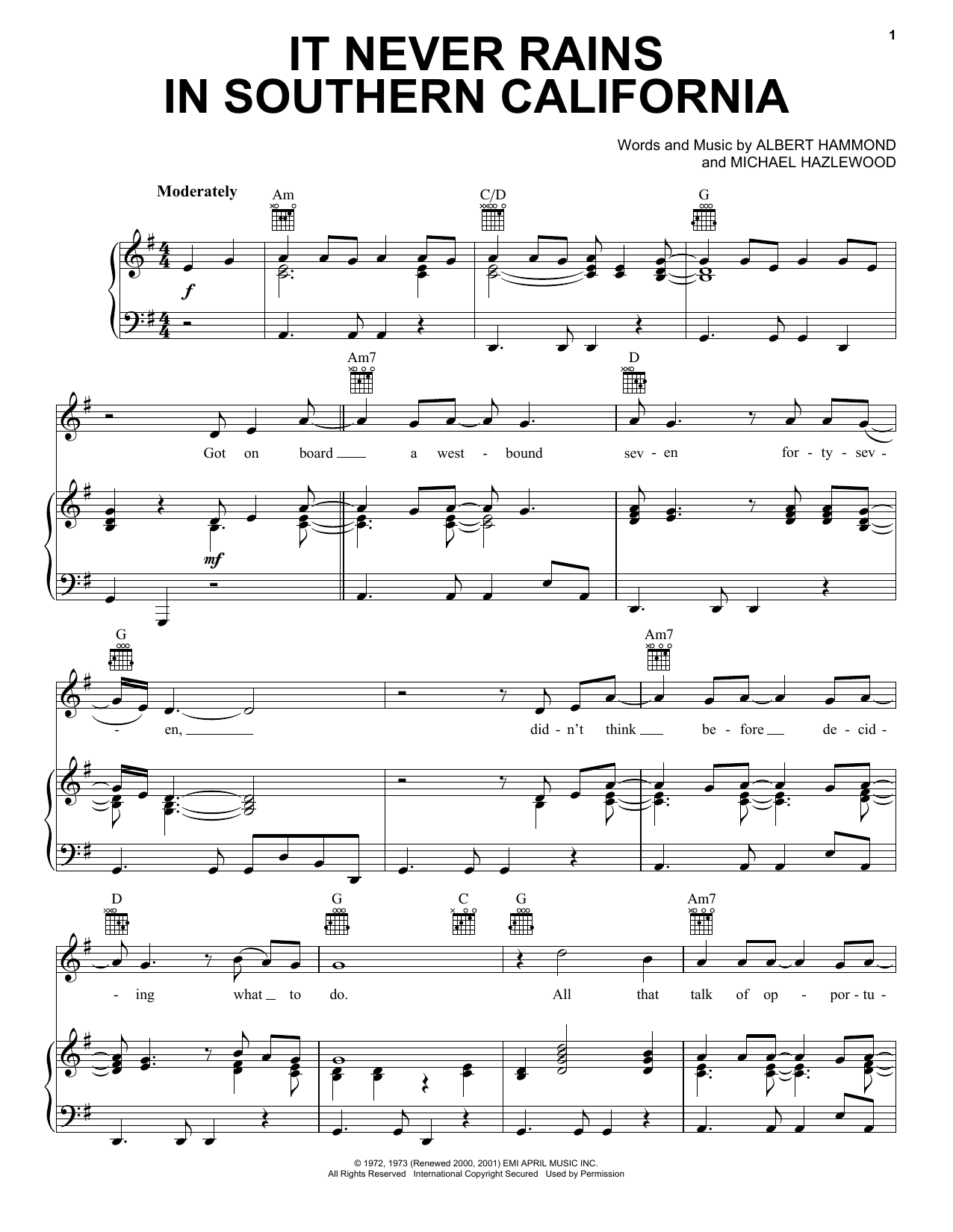 Albert Hammond It Never Rains In Southern California Sheet Music Notes & Chords for Lyrics & Chords - Download or Print PDF