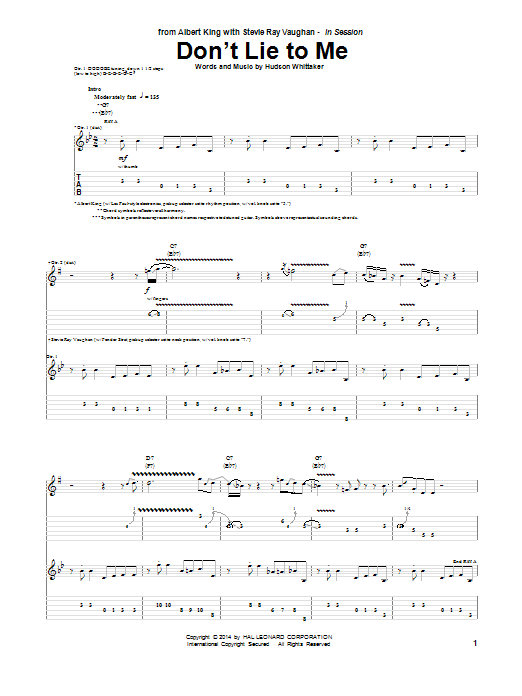Albert King & Stevie Ray Vaughan Don't Lie To Me Sheet Music Notes & Chords for Guitar Tab - Download or Print PDF