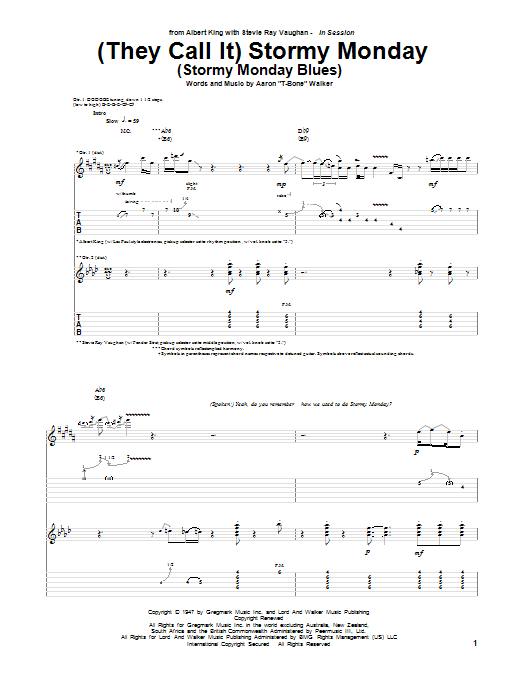 Albert King & Stevie Ray Vaughan (They Call It) Stormy Monday (Stormy Monday Blues) Sheet Music Notes & Chords for Guitar Tab - Download or Print PDF