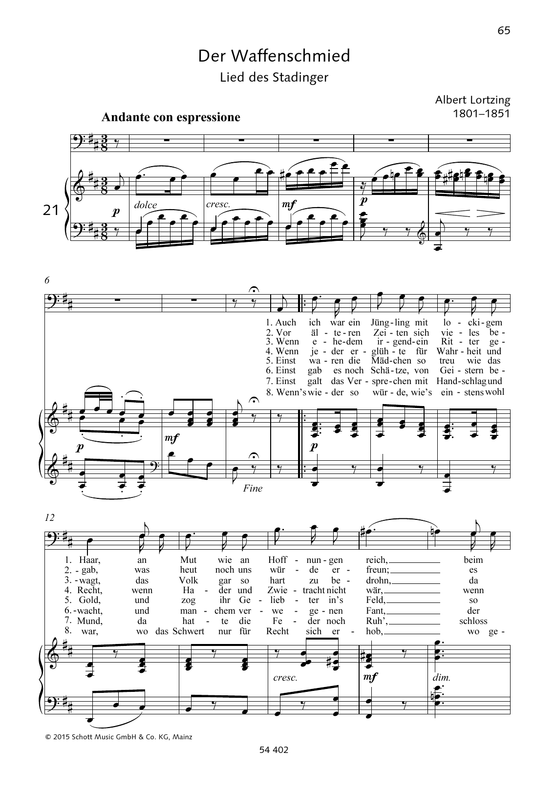 Albert Lortzing Auch ich war ein Jüngling mit lockigem Haar Sheet Music Notes & Chords for Piano & Vocal - Download or Print PDF