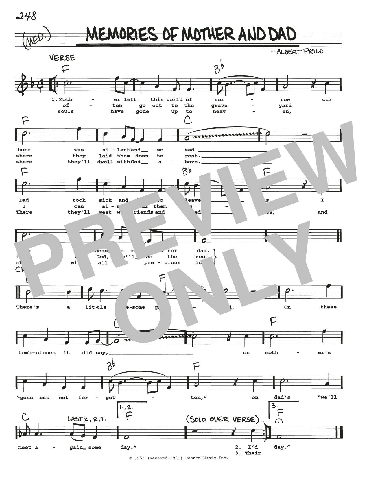 Albert Price Memories Of Mother And Dad Sheet Music Notes & Chords for Real Book – Melody, Lyrics & Chords - Download or Print PDF