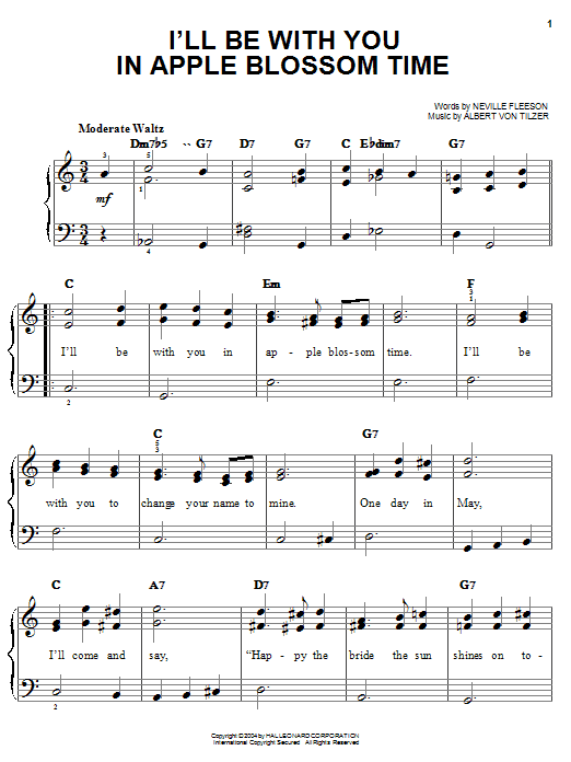 Albert Von Tilzer I'll Be With You In Apple Blossom Time Sheet Music Notes & Chords for Easy Piano - Download or Print PDF