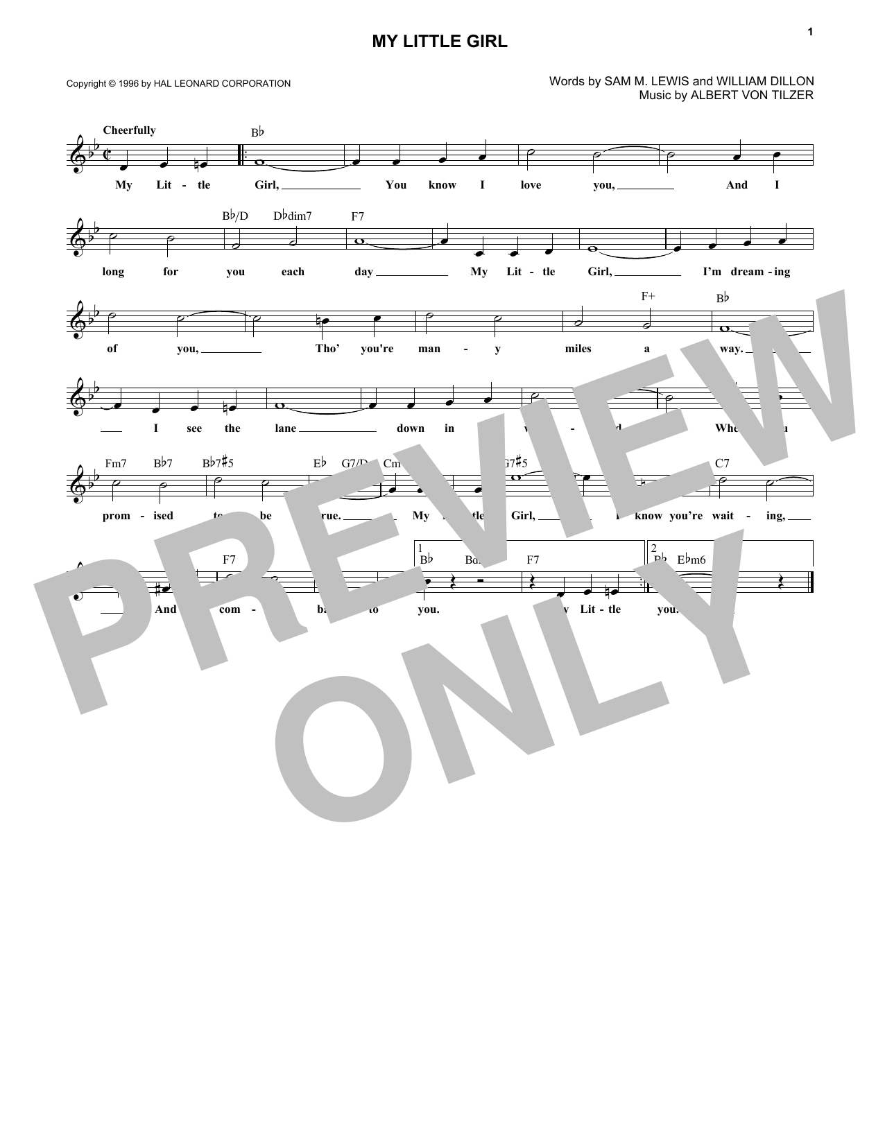 Albert von Tilzer My Little Girl Sheet Music Notes & Chords for Melody Line, Lyrics & Chords - Download or Print PDF