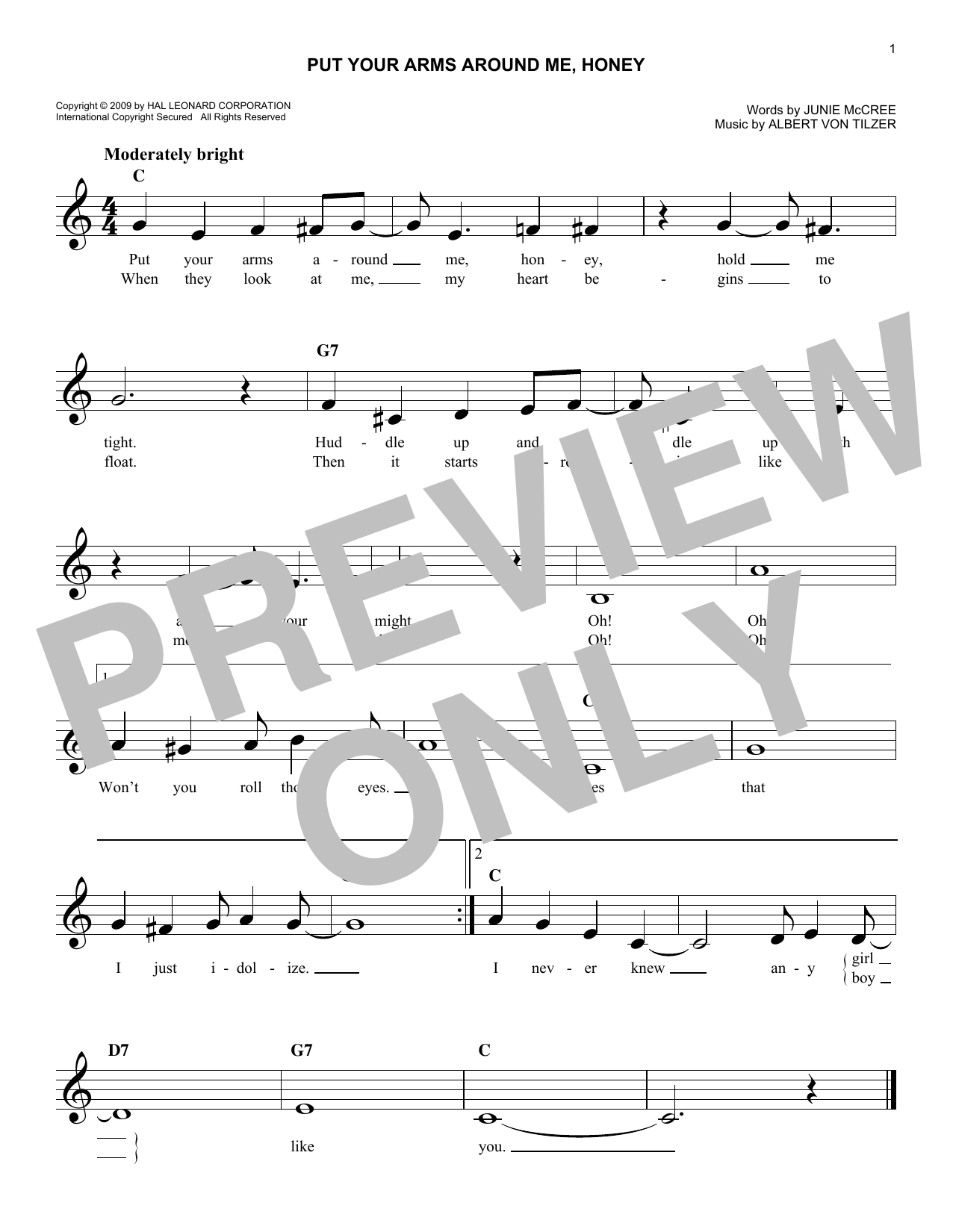 Albert von Tilzer Put Your Arms Around Me, Honey Sheet Music Notes & Chords for Melody Line, Lyrics & Chords - Download or Print PDF