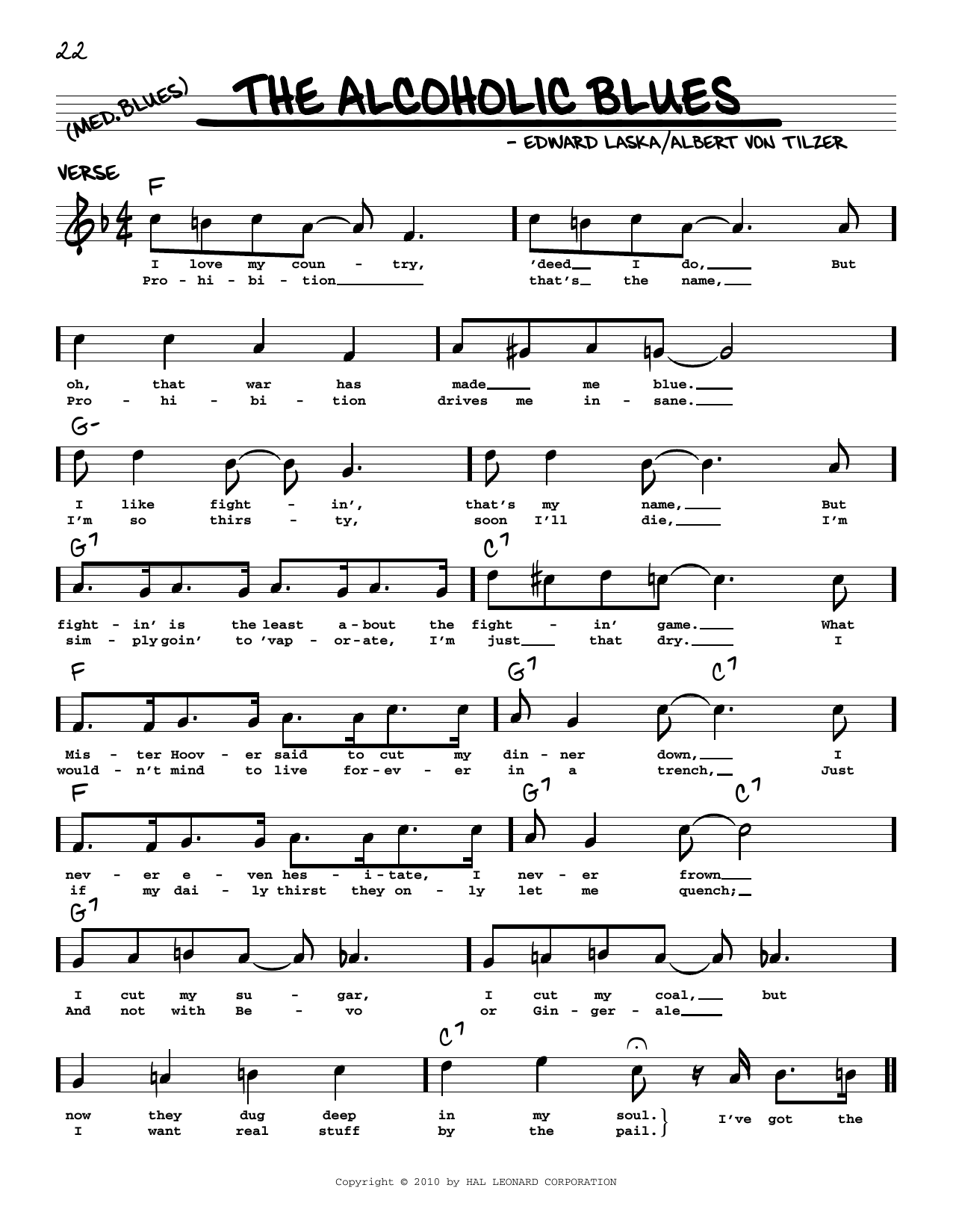 Albert von Tilzer The Alcoholic Blues (arr. Robert Rawlins) Sheet Music Notes & Chords for Real Book – Melody, Lyrics & Chords - Download or Print PDF