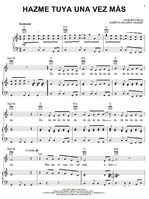 Alberto Aguilera Valadez Hazme Tuya Una Vez Mas Sheet Music Notes & Chords for Piano, Vocal & Guitar (Right-Hand Melody) - Download or Print PDF