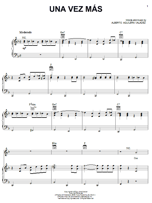 Alberto Aguilera Valadez Una Vez Mas Sheet Music Notes & Chords for Piano, Vocal & Guitar (Right-Hand Melody) - Download or Print PDF