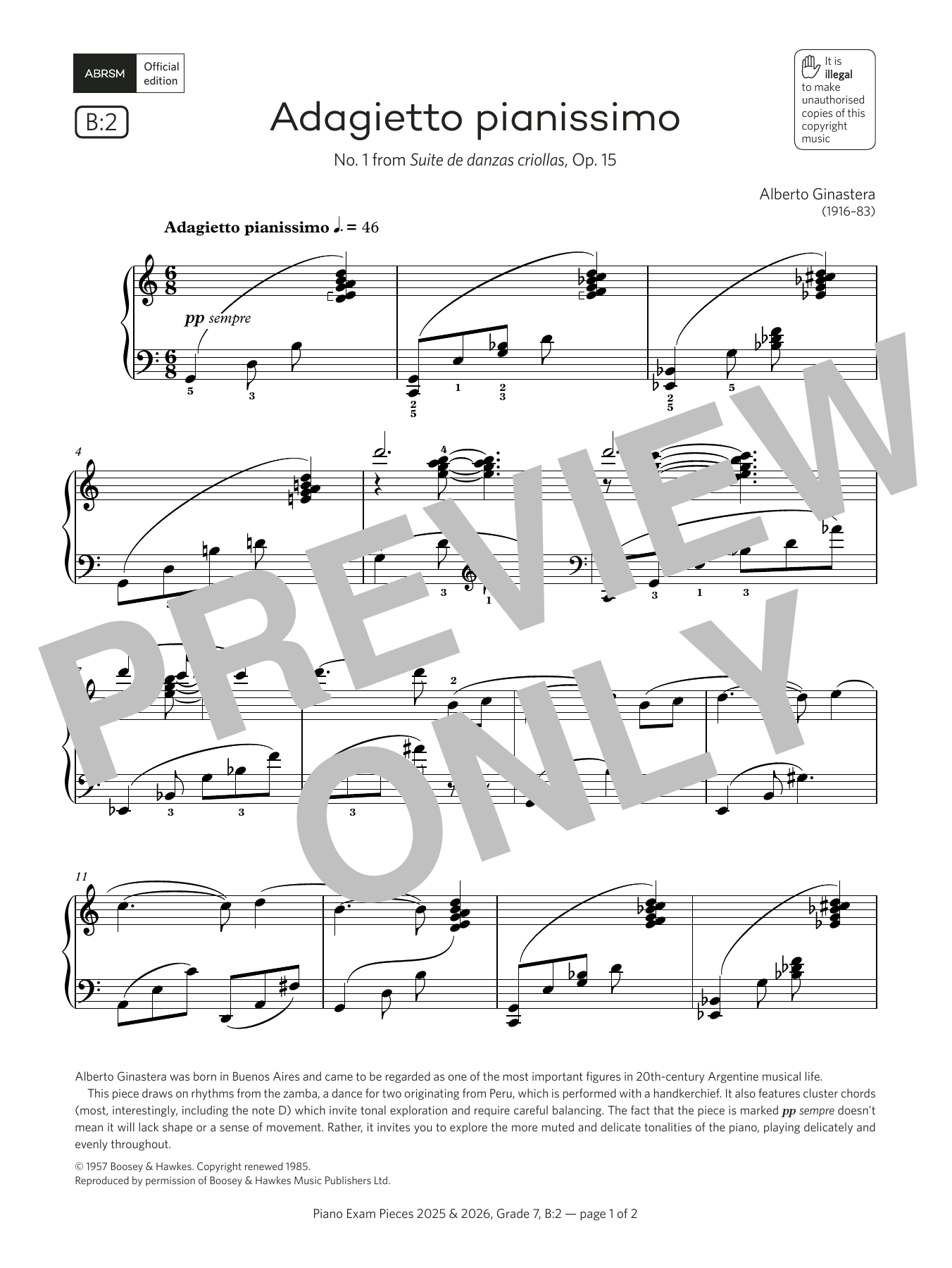 Alberto Ginastera Adagietto pianissimo (Grade 7, list B2, from the ABRSM Piano Syllabus 2025 & 2026) Sheet Music Notes & Chords for Piano Solo - Download or Print PDF