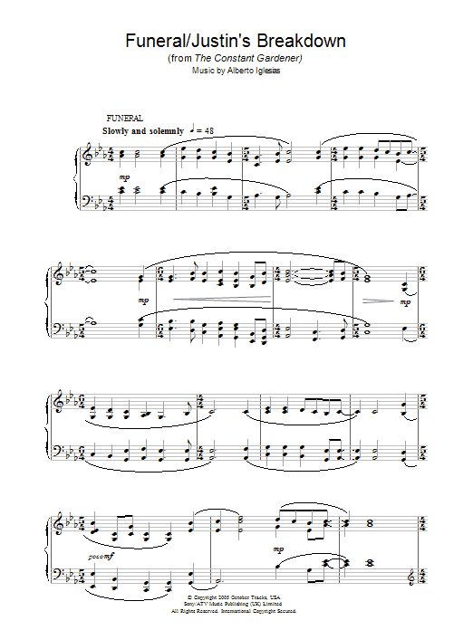 Alberto Iglesias Funeral/Justin's Breakdown (from The Constant Gardener) Sheet Music Notes & Chords for Piano - Download or Print PDF