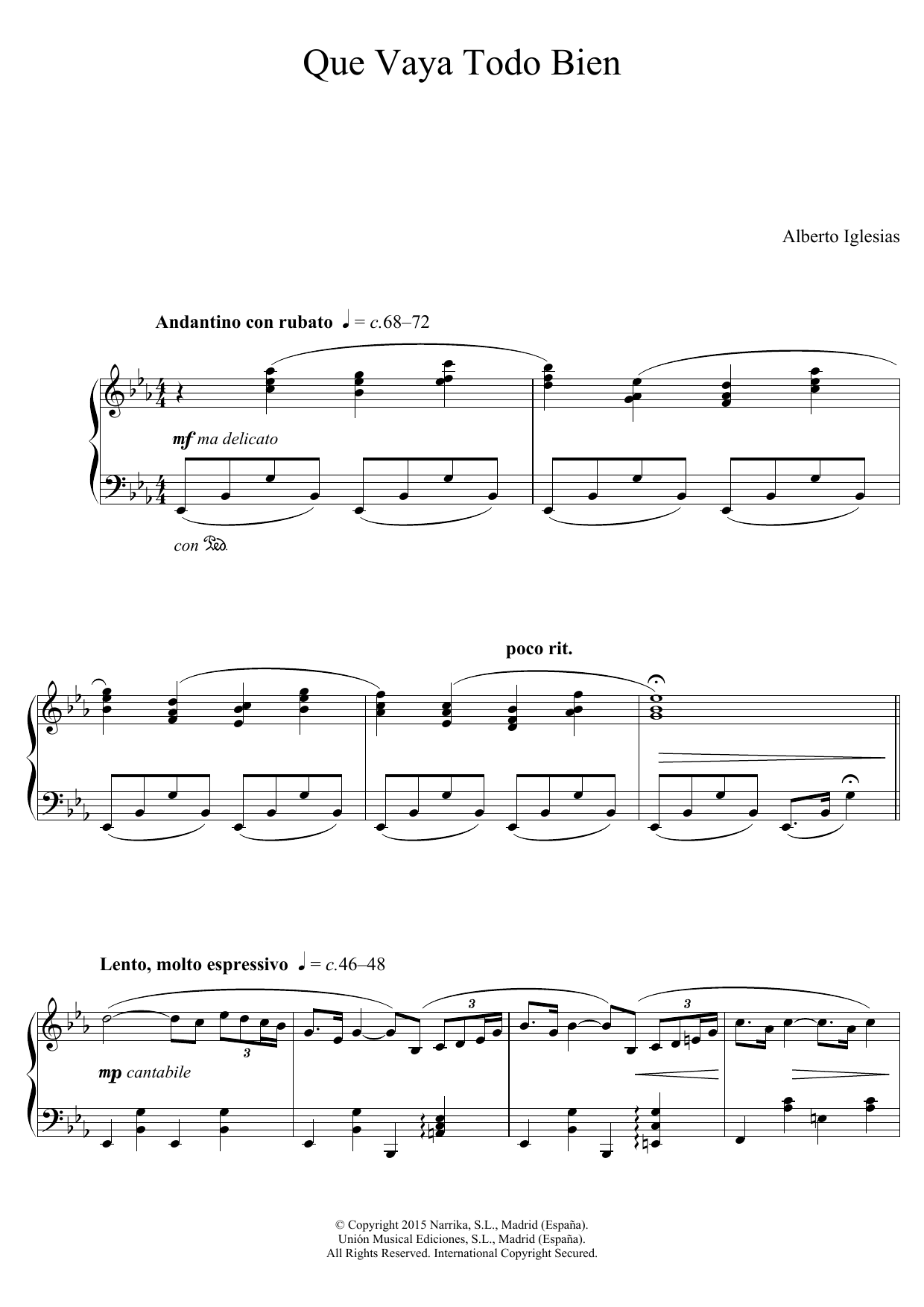 Alberto Iglesias Que Vaya Todo Bien (From 'Ma Ma') Sheet Music Notes & Chords for Piano - Download or Print PDF