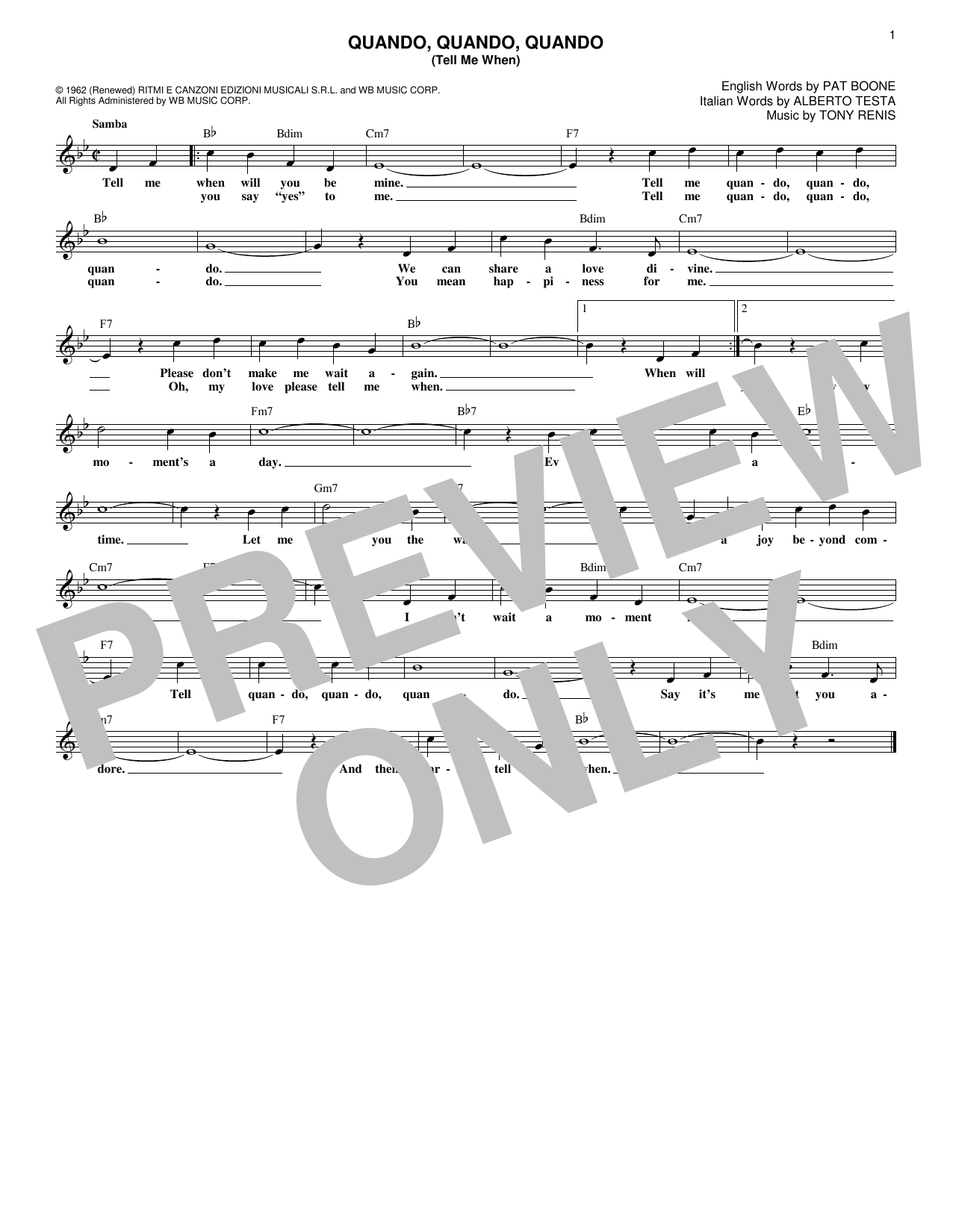 Alberto Testa Quando, Quando, Quando (Tell Me When) Sheet Music Notes & Chords for Melody Line, Lyrics & Chords - Download or Print PDF