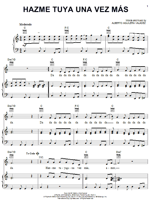 Preview Alberto Aguilera Valadez Hazme Tuya Una Vez Mas Pop sheet music, notes and chords for Piano, Vocal & Guitar (Right-Hand Melody), SKU: 24022 sheet music, piano notes, chords, guitar tabs, score, transpose, transcribe, how to play, guide, download, learn, tutorial, progression, song, artist, awards, billboard, mtv, vh1, tour, single, album, release