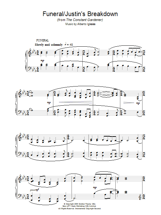 Preview Alberto Iglesias Funeral/Justin's Breakdown (from The Constant Gardener) Film and TV sheet music, notes and chords for Piano, SKU: 37409 Funeral/Justin's Breakdown (from The Constant Gardener) sheet music