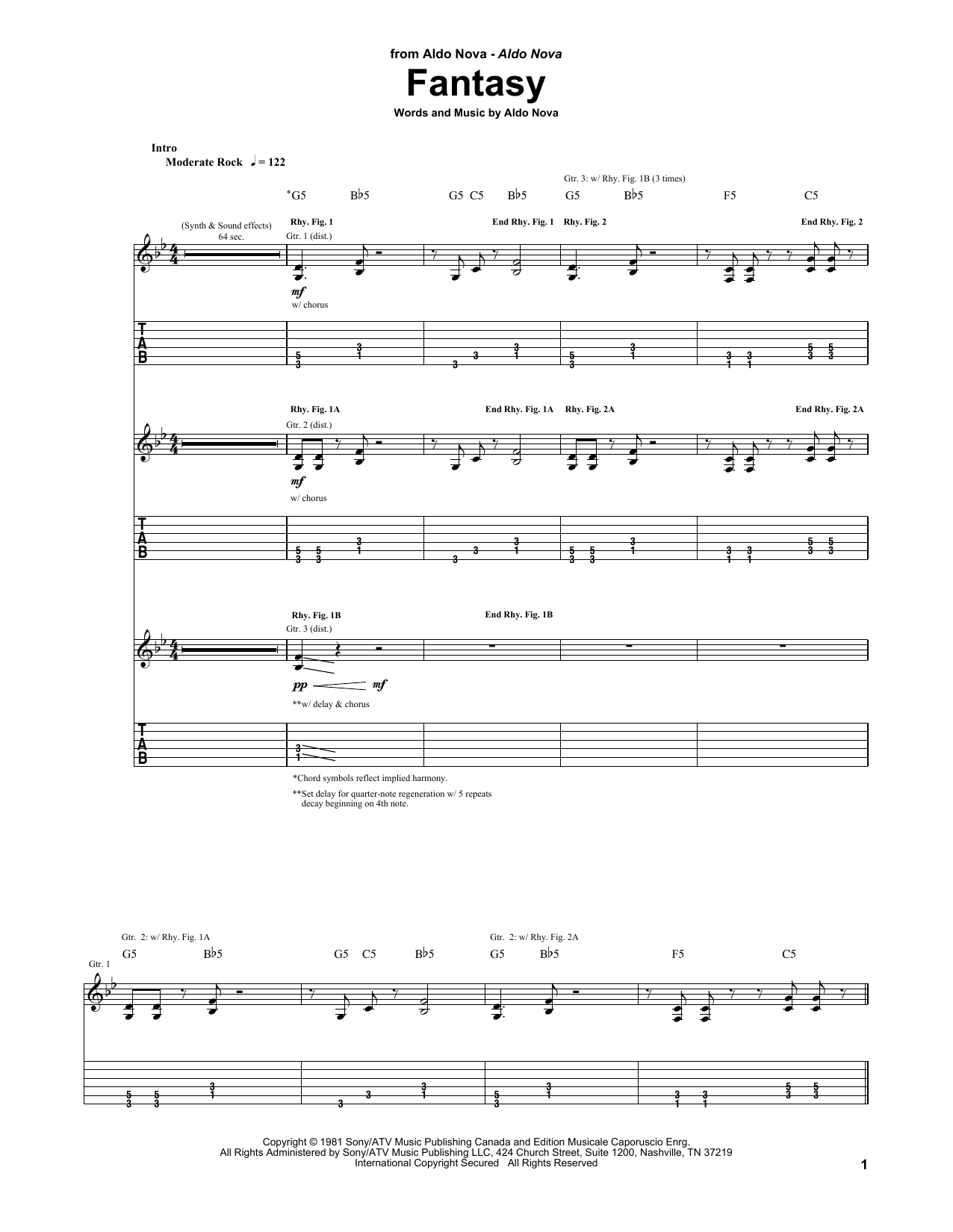 Aldo Nova Fantasy Sheet Music Notes & Chords for Guitar Lead Sheet - Download or Print PDF