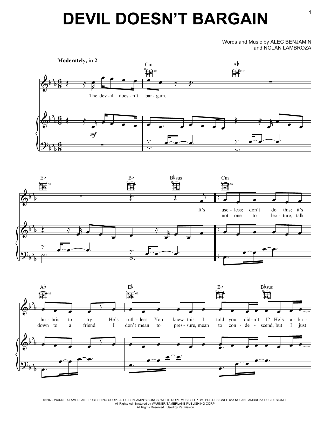 Alec Benjamin Devil Doesn't Bargain Sheet Music Notes & Chords for Piano, Vocal & Guitar Chords (Right-Hand Melody) - Download or Print PDF