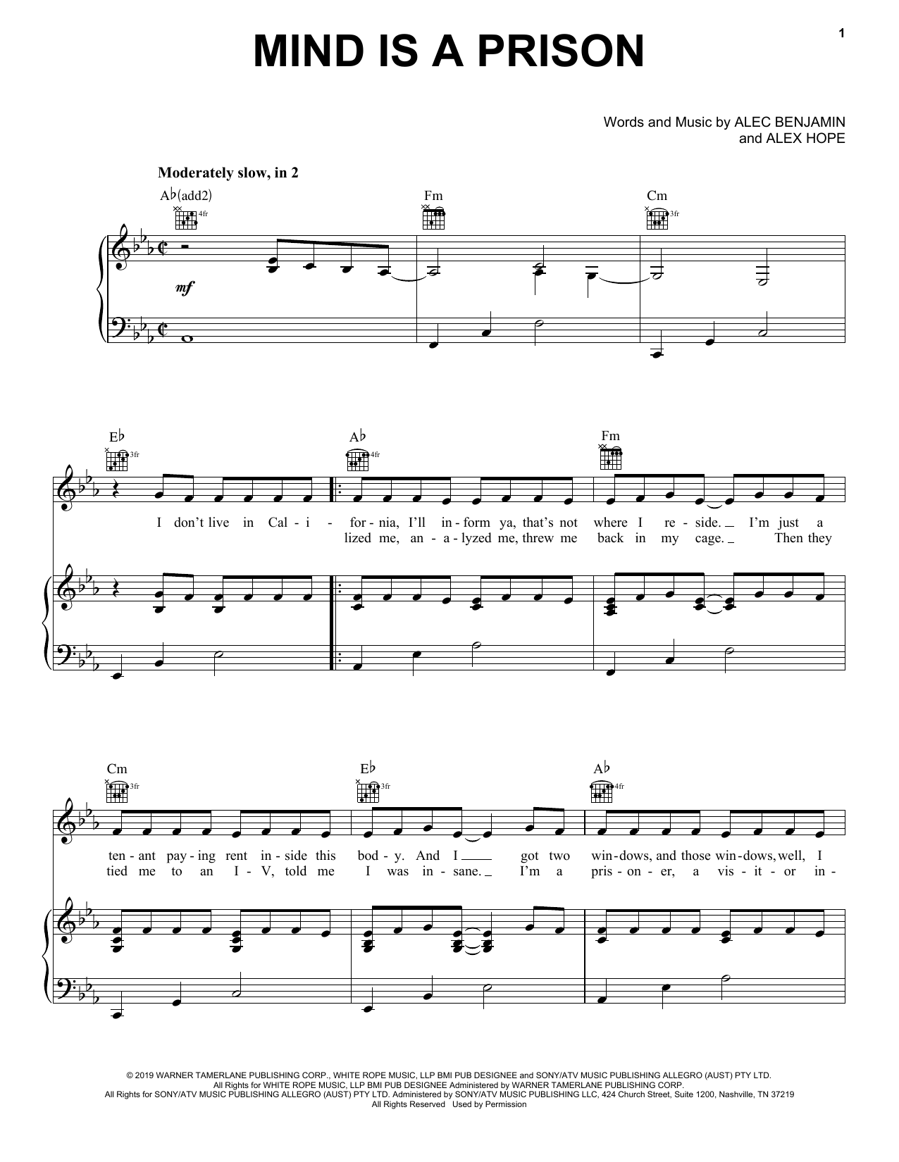 Alec Benjamin Mind Is A Prison Sheet Music Notes & Chords for Piano, Vocal & Guitar (Right-Hand Melody) - Download or Print PDF