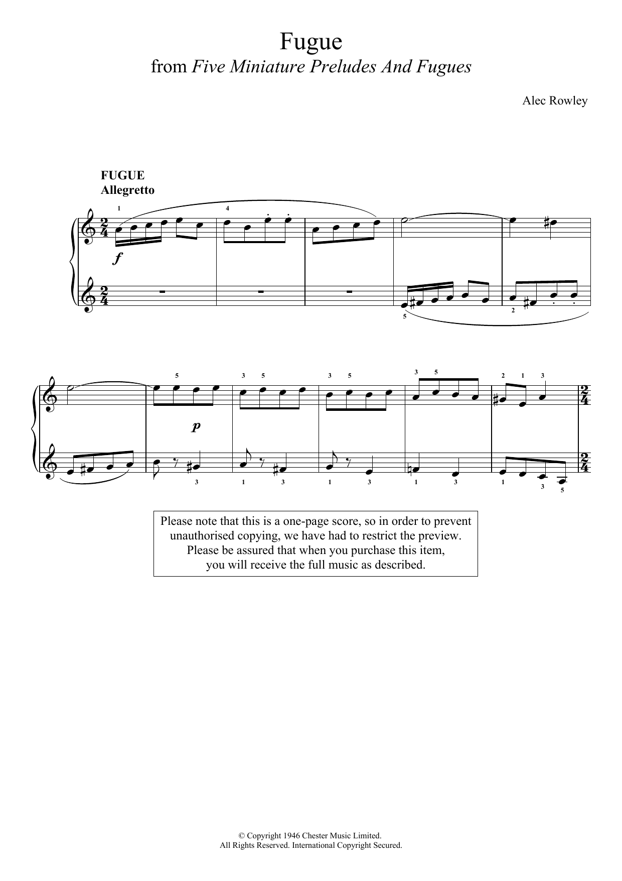Alec Rowley Five Miniature Preludes And Fugues Sheet Music Notes & Chords for Piano - Download or Print PDF