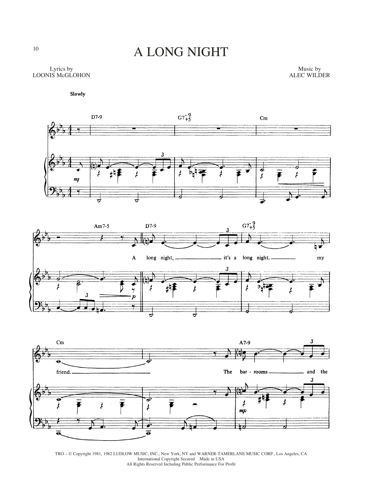 Alec Wilder A Long Night Sheet Music Notes & Chords for Piano, Vocal & Guitar Chords (Right-Hand Melody) - Download or Print PDF
