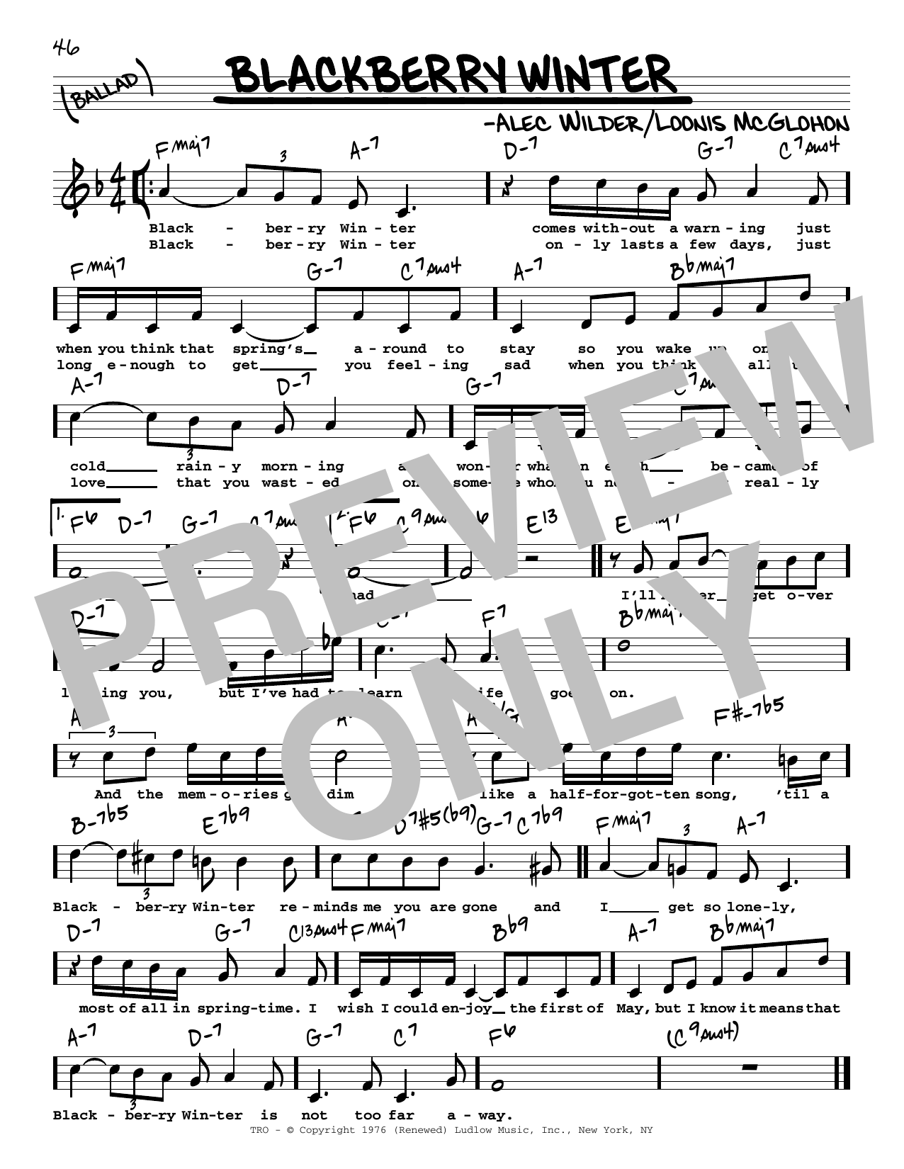 Alec Wilder Blackberry Winter (High Voice) Sheet Music Notes & Chords for Real Book – Melody, Lyrics & Chords - Download or Print PDF